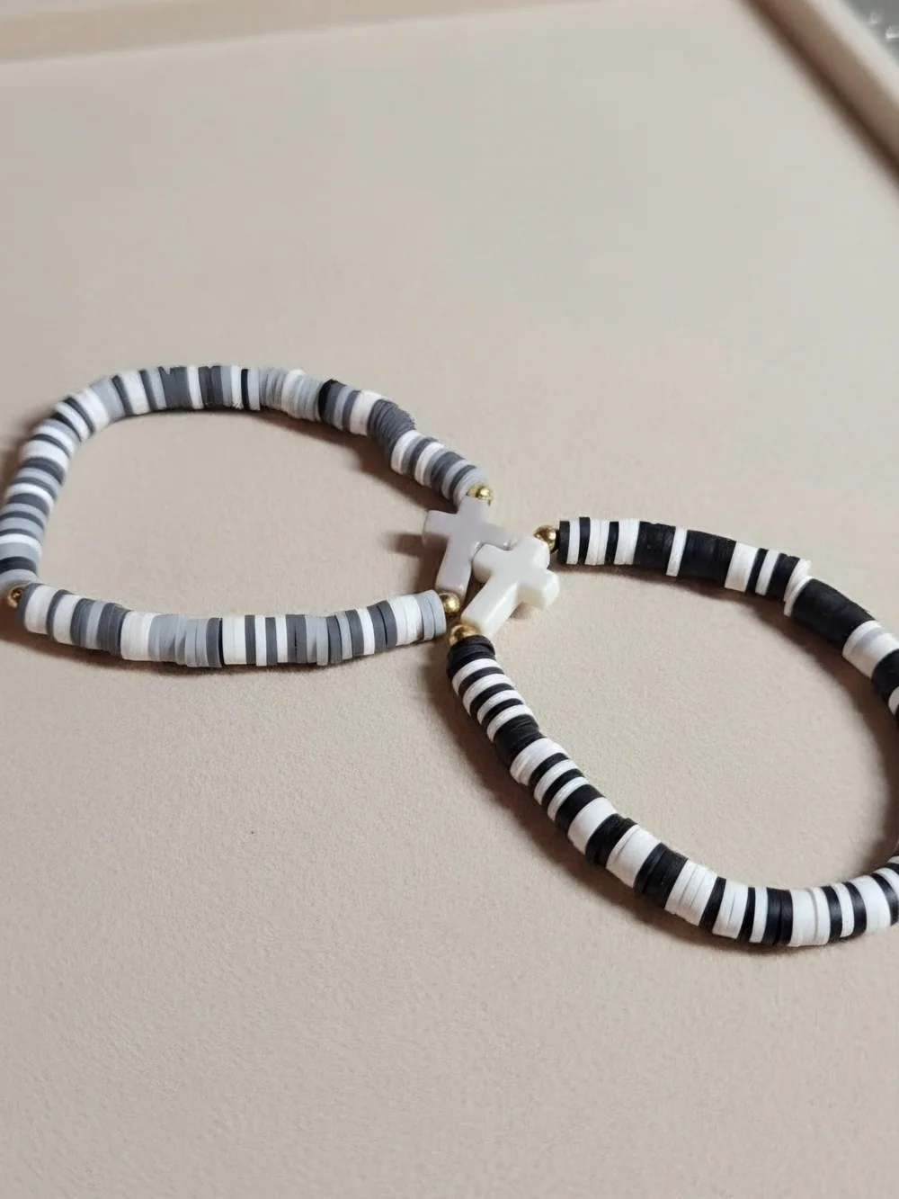 Black & White Cross Beaded Stretch Bracelet Set